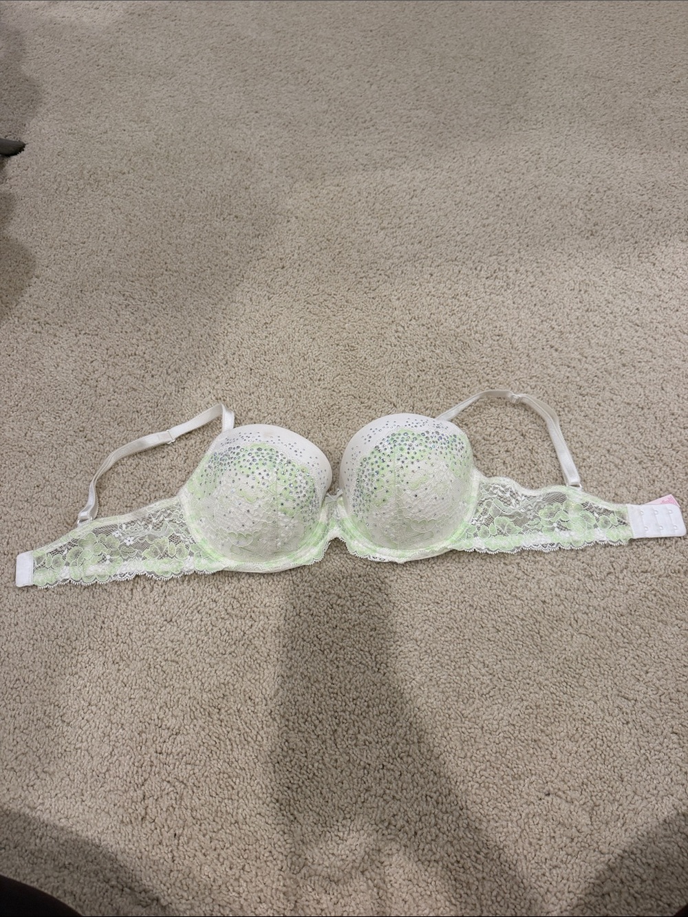 Victoria's Secret White Lace Demi Bra with Neon Green Accent